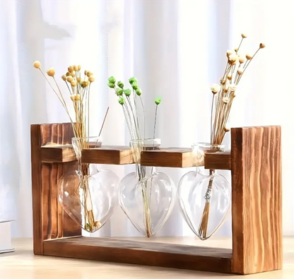 Elegant Home Décor Piece– Heart Shaped Glass Vase with Wooden Stand